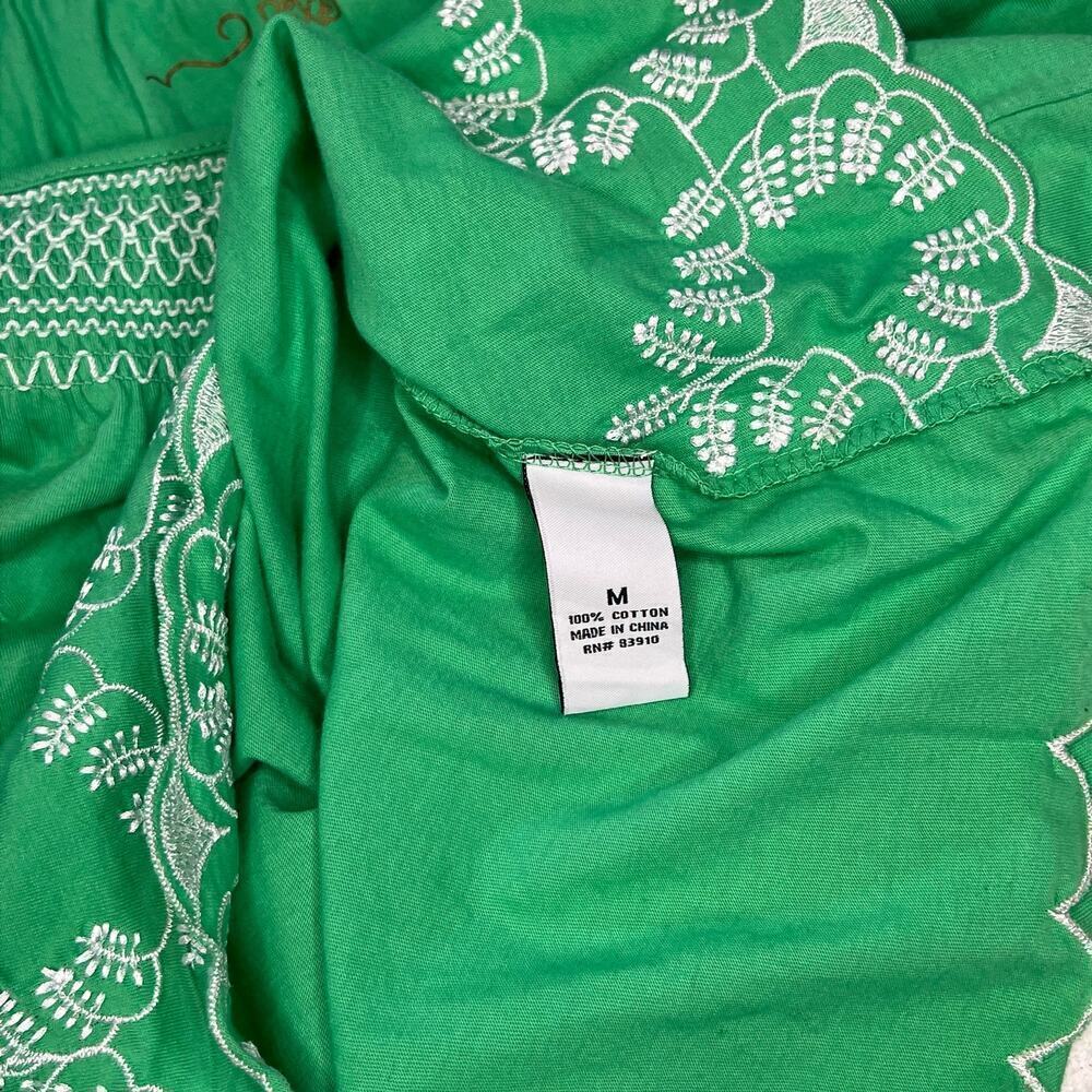 RXB Embroidered Cotton Shirt Flowy Boho Green Medium M 3/4 Quarter Sleeve NWT - Picture 8 of 9